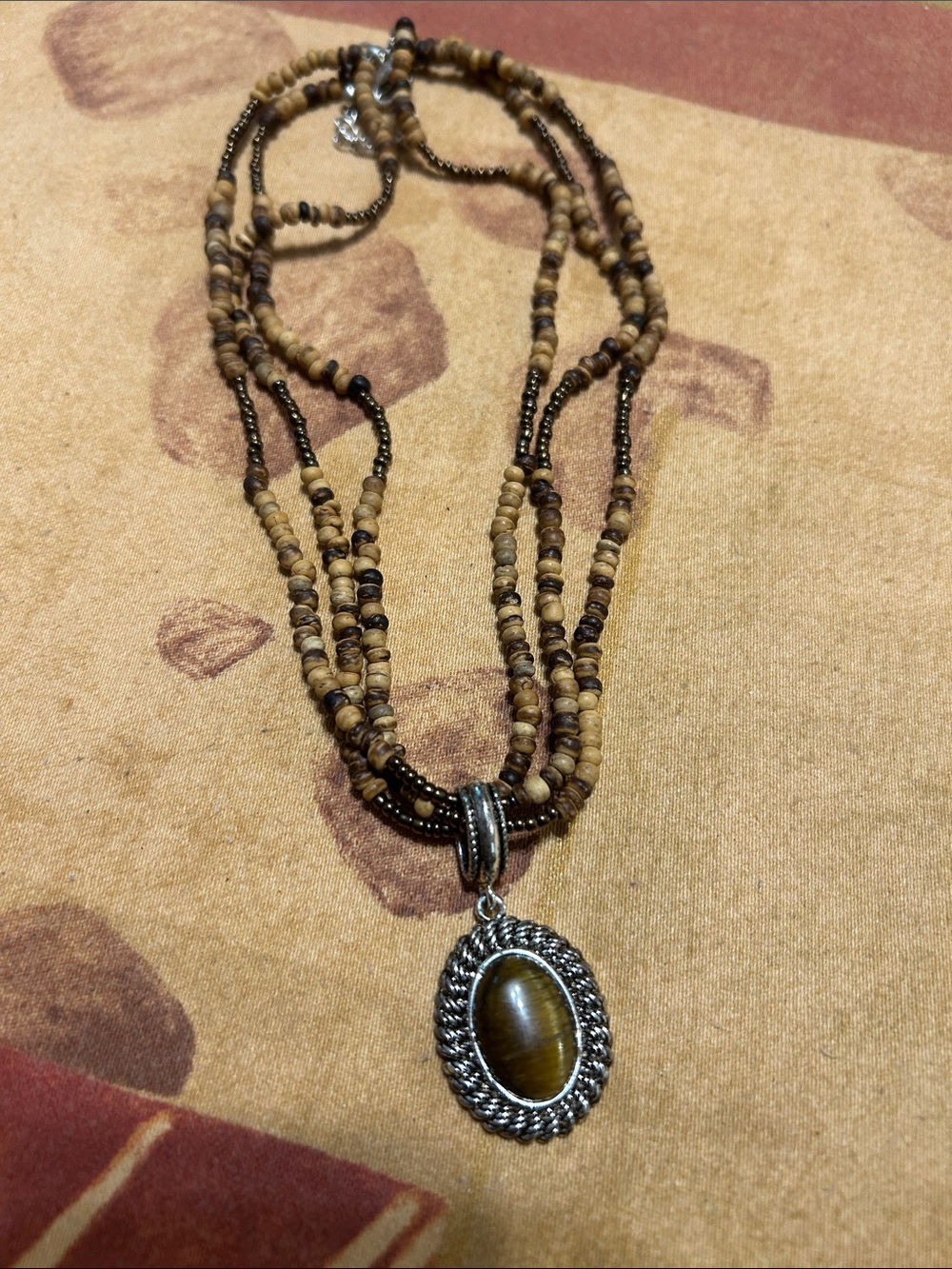 Handcrafted Brown Beaded Necklace with Tiger's Eye Pendant